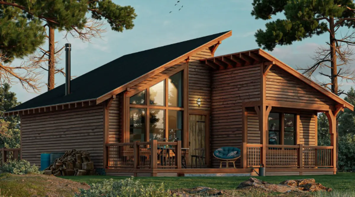 Nhà gỗ cấp 4 nông thôn với mái lệch hiện đại