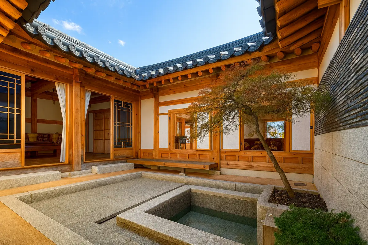 Nhà gỗ cấp 4 nông thôn phong cách Hàn có hồ nước