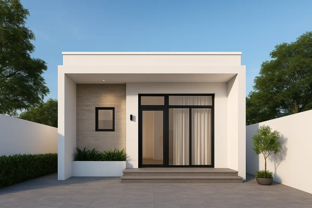 Nhà ống cấp 4 mái bằng với cửa kính 3 cánh