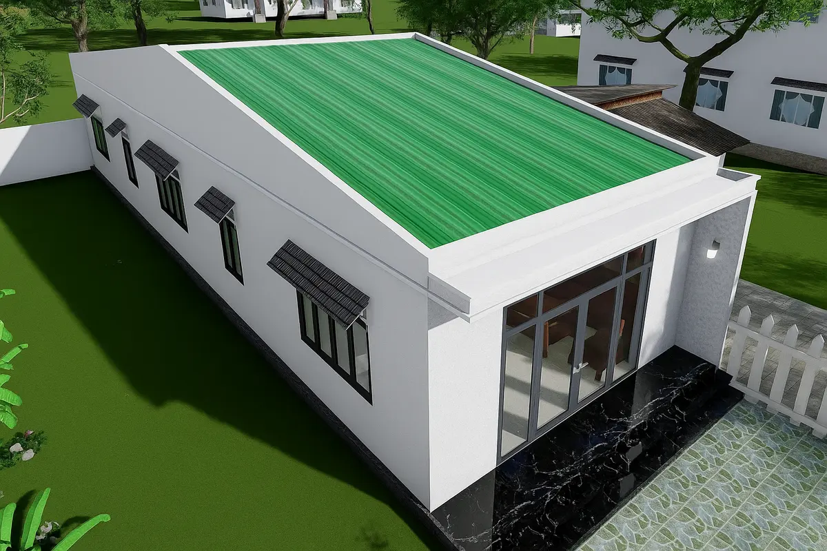 Nhà ống cấp 4 với phần mái tôn màu xanh bắt mắt