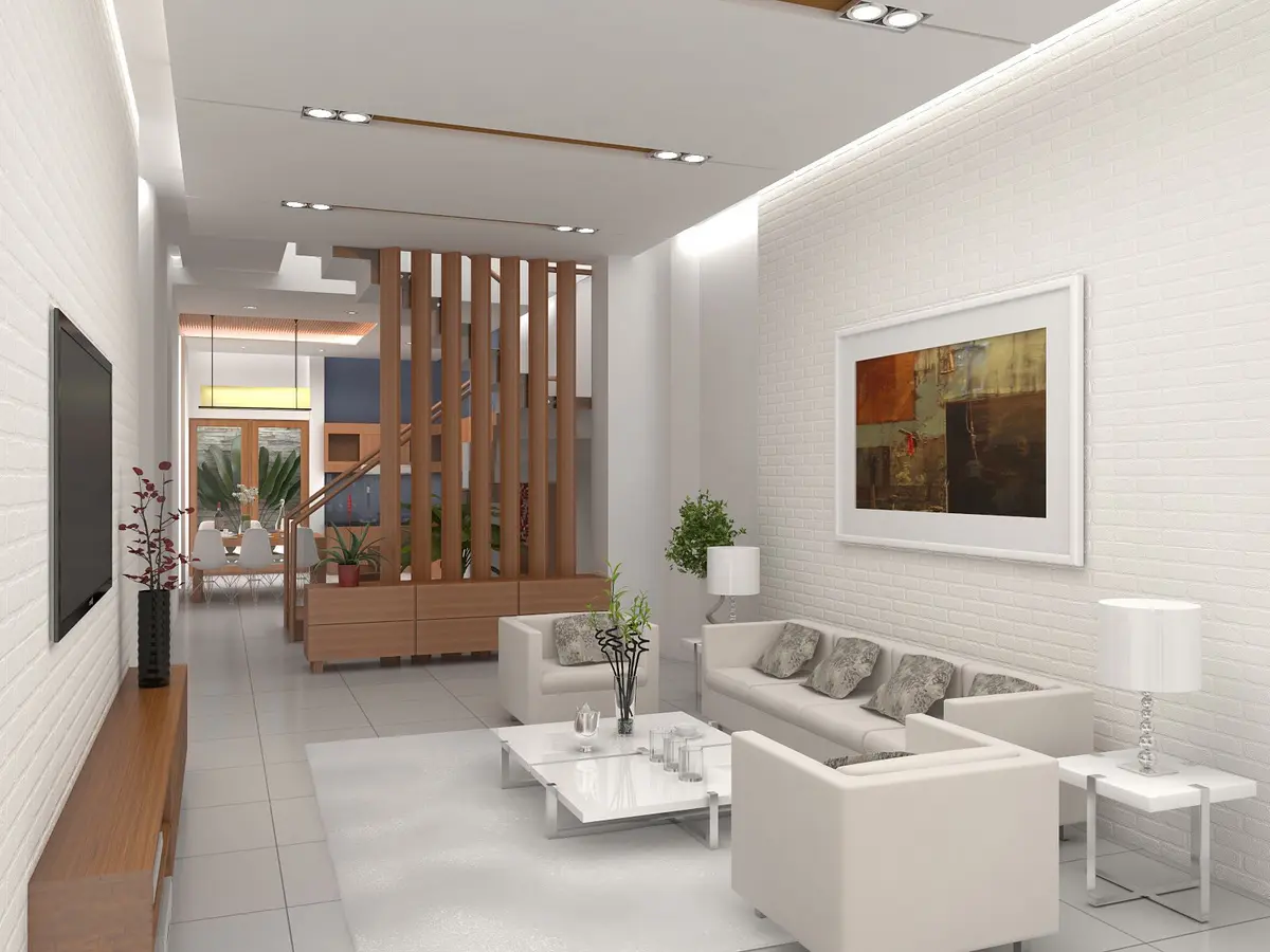 Phòng khách nhà cấp 4 diện tích nhỏ sử dụng tivi treo tường