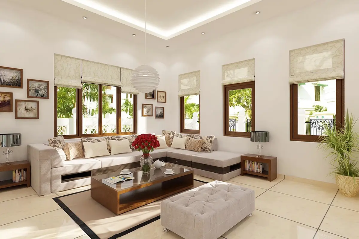 Phòng khách nhà cấp 4 phong cách tối giản với bộ sofa lớn