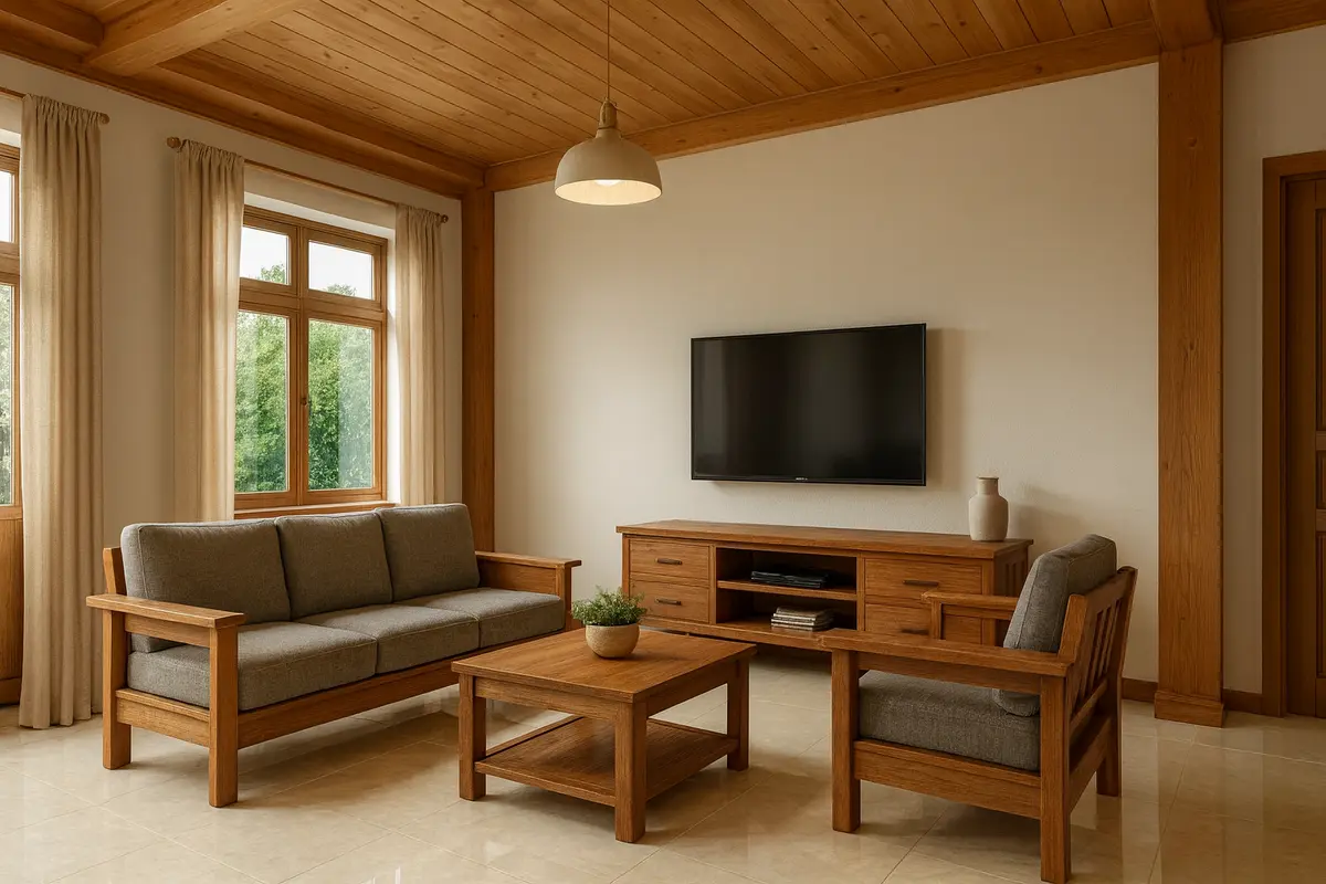 Phòng khách nhà cấp 4 với nội thất bằng gỗ