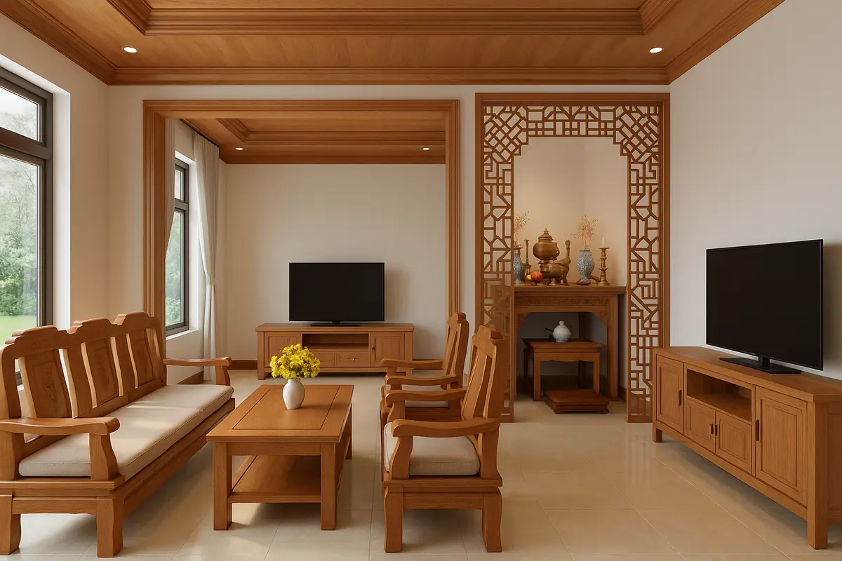 Phòng khách nhà cấp 4 kết hợp phòng thờ