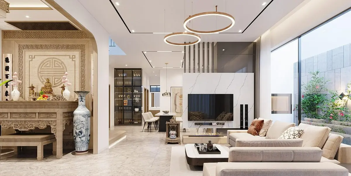 Phòng khách nhà cấp 4 kết hợp phòng thờ