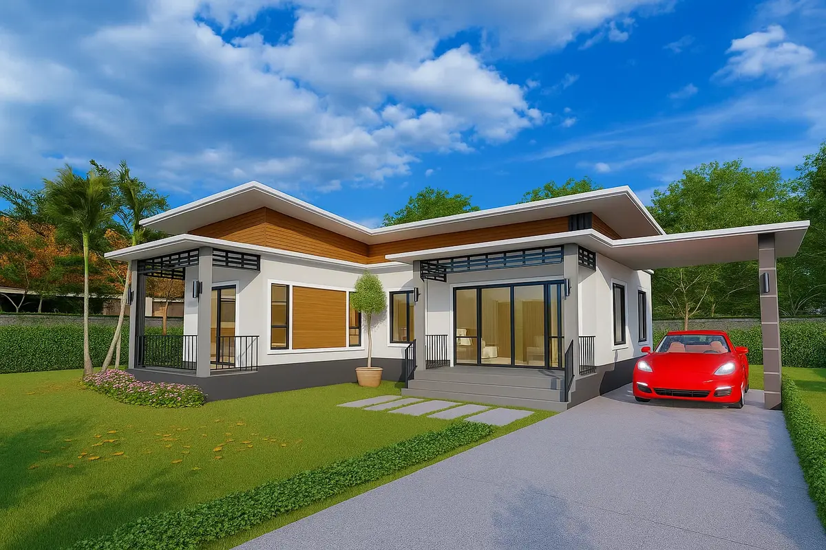 Thiết kế nhà cấp 4 mái bằng chữ L có gara ô tô