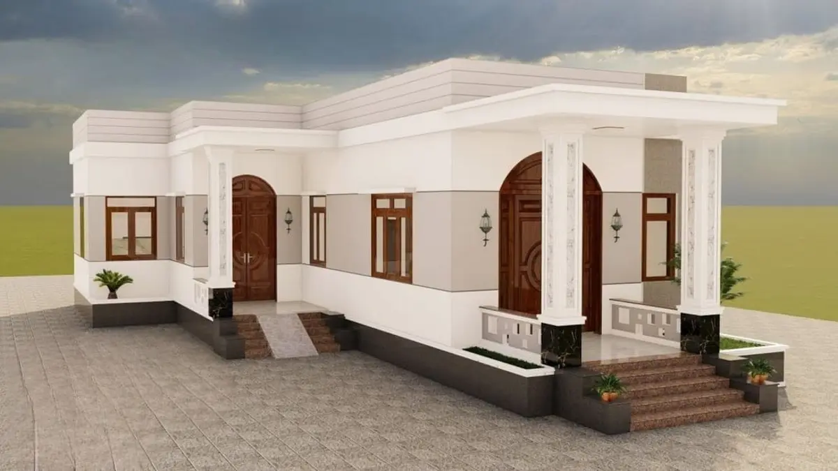 Toàn cảnh nhà cấp 4 chữ L mái bằng có 3 phòng ngủ