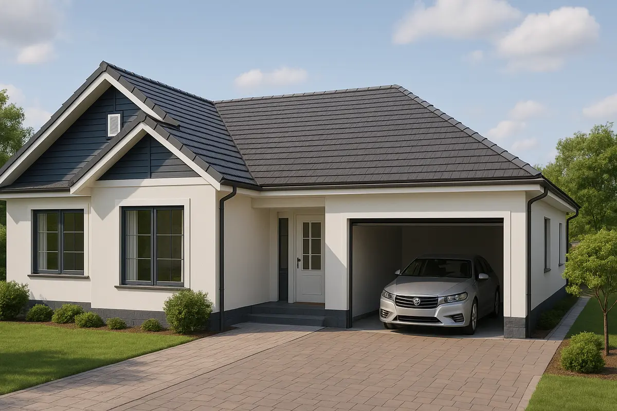 Mẫu nhà cấp 4 chữ L 3 phòng ngủ có gara ô tô