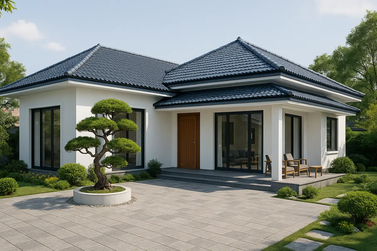 Mẫu nhà cấp 4 chữ L 3 phòng ngủ mái Nhật