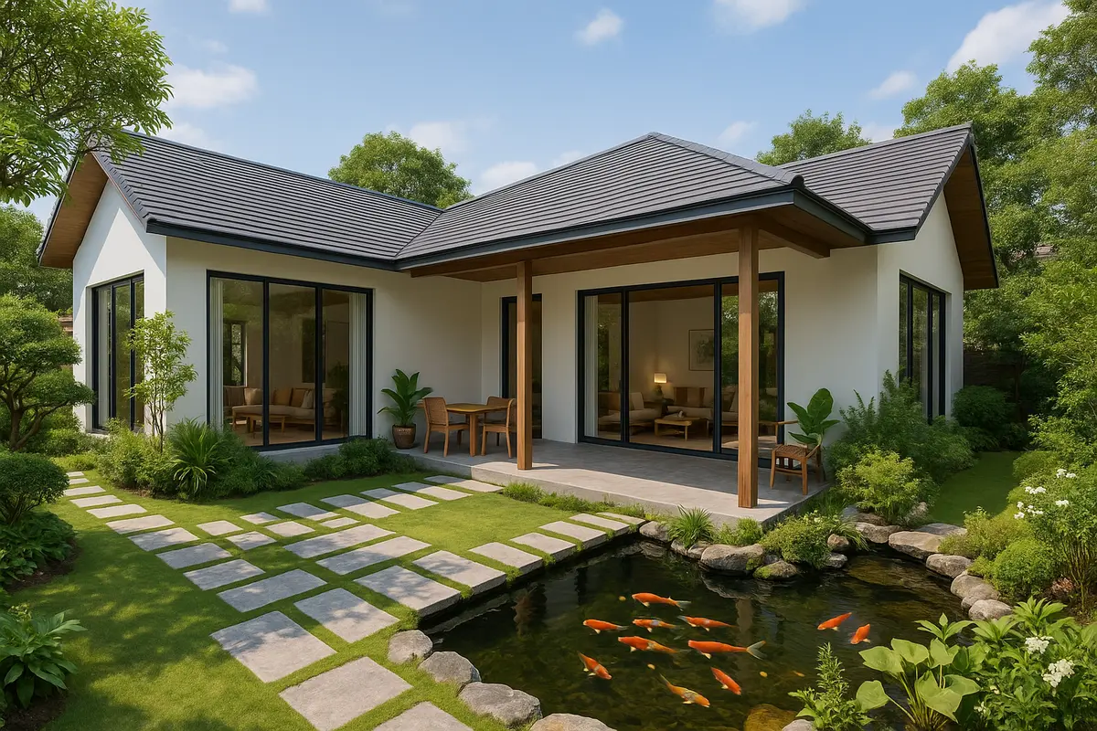 Mẫu nhà cấp 4 chữ L 3 phòng ngủ kết hợp sân vườn