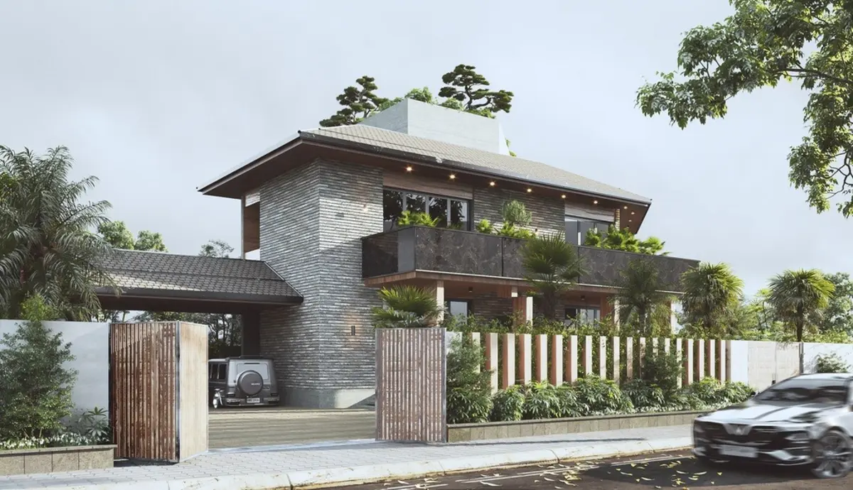 Mẫu nhà vuông 2 tầng mái Nhật kết hợp sân vườn