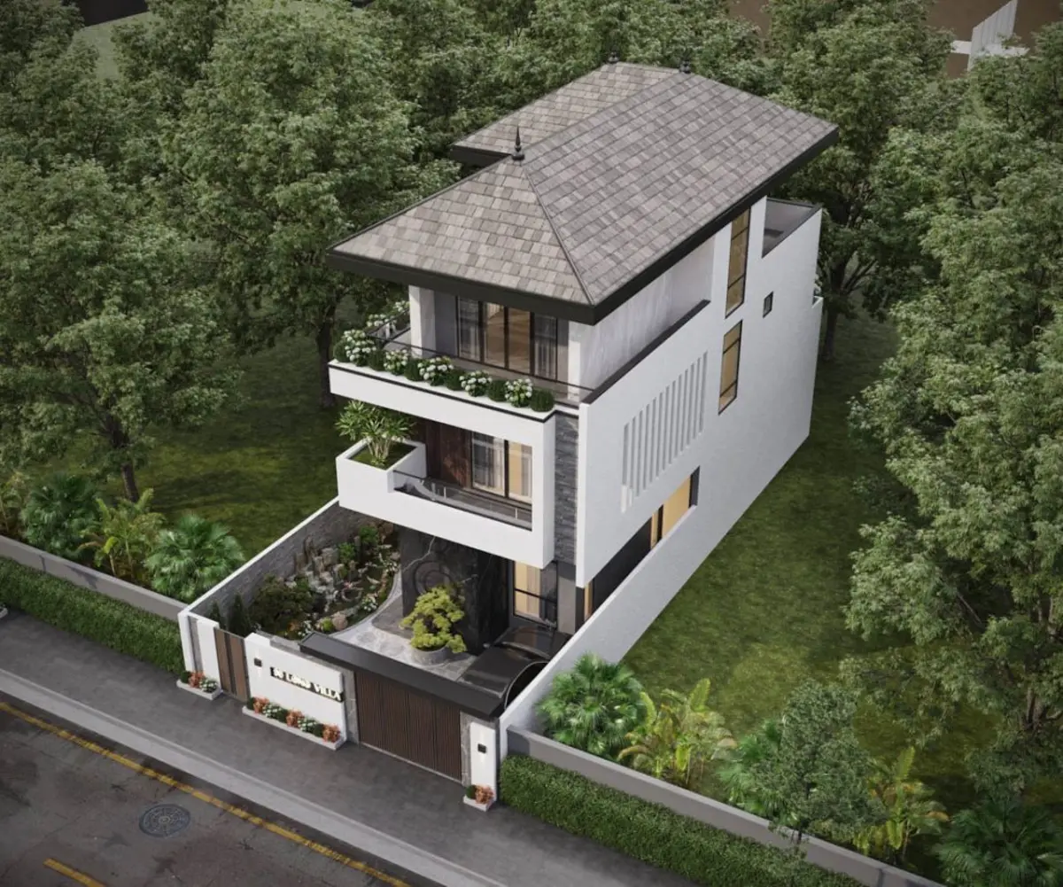 Mẫu nhà vuông 2 tầng mái Nhật kết hợp sân vườn