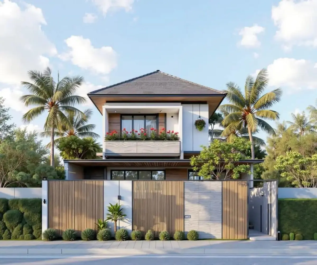 Mẫu nhà vuông 2 tầng mái Nhật có ban công