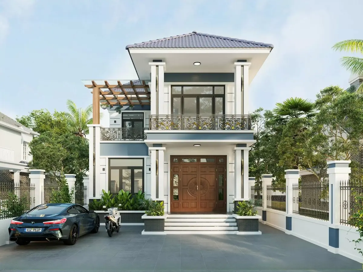 Mẫu nhà vuông 2 tầng mái Nhật hiện đại