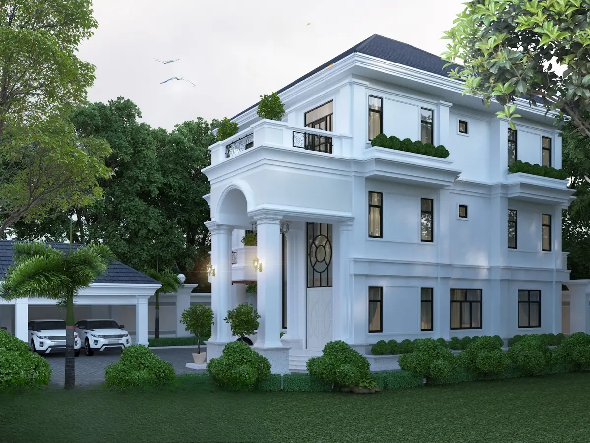 Mẫu nhà vuông 2 tầng mái Nhật có gara ô tô