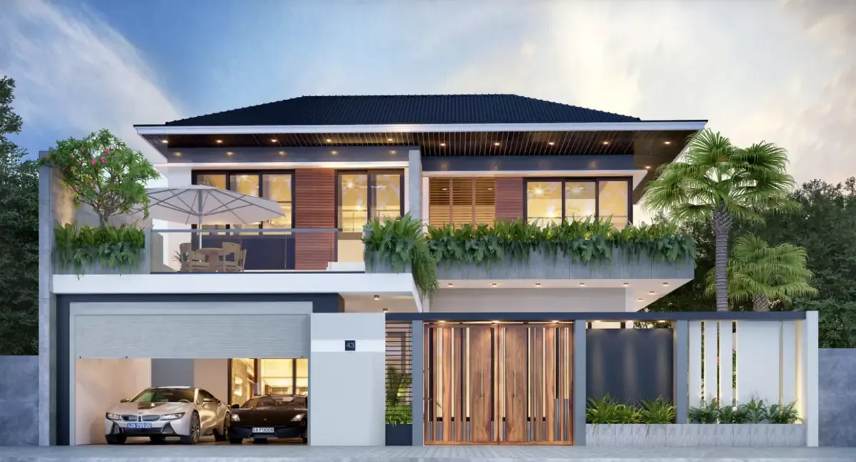 Mẫu nhà vuông 2 tầng mái Nhật có gara ô tô