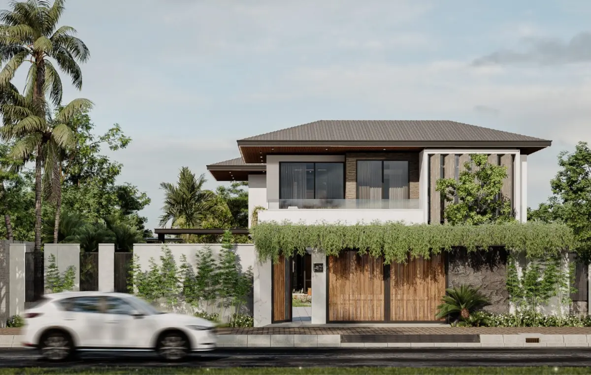 Mẫu nhà vuông 2 tầng mái Nhật hiện đại