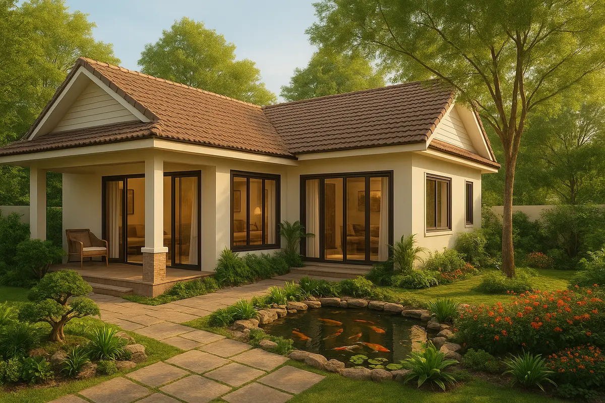 Nhà cấp 4 chữ L kết hợp sân vườn tông ấm