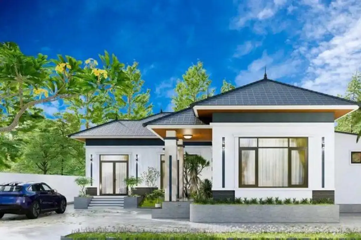 Nhà cấp 4 mái Nhật chữ L 3 phòng ngủ phong cách đơn giản