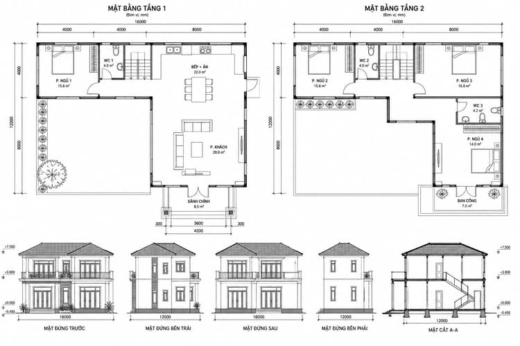 Bản vẽ nhà chữ L 2 tầng đẹp, hiện đại