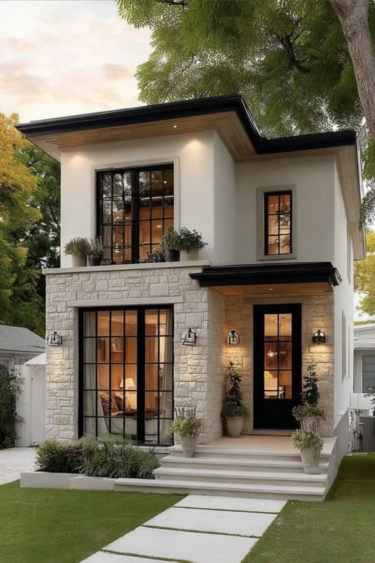 Mẫu nhà chữ L 2 tầng mái bằng hiện đại tối giản thích hợp cho gia đình trẻ