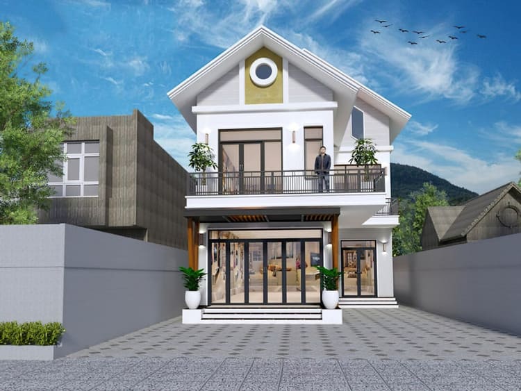 Mẫu nhà chữ L 2 tầng 2 phòng ngủ hiện đại cho thành thị