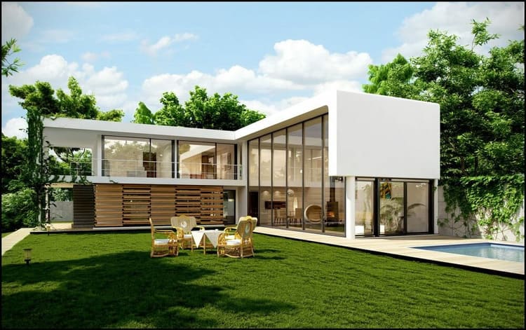 Mẫu nhà chữ L 2 tầng mái bằng đẹp kết hợp sân vườn