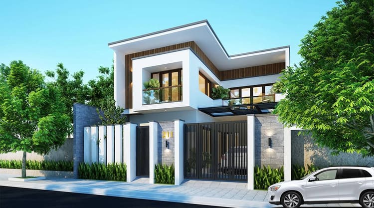 Mẫu nhà chữ L 2 tầng mái bằng hiện đại, phù hợp với đô thị