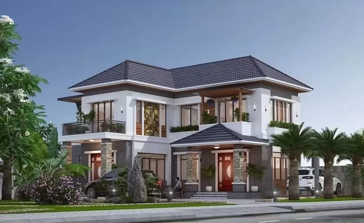 Mẫu nhà chữ L 2 tầng mái Nhật ở nông thôn đẹp, thoát nước nhanh chóng