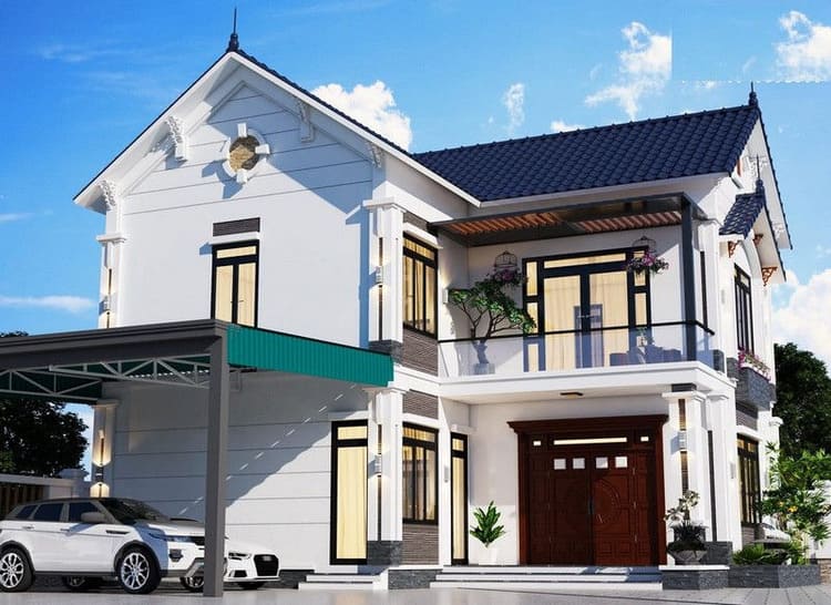 Mẫu nhà chữ L 2 tầng mái Thái tạo điểm nhấn độc đáo với các chi tiết tân cổ điển