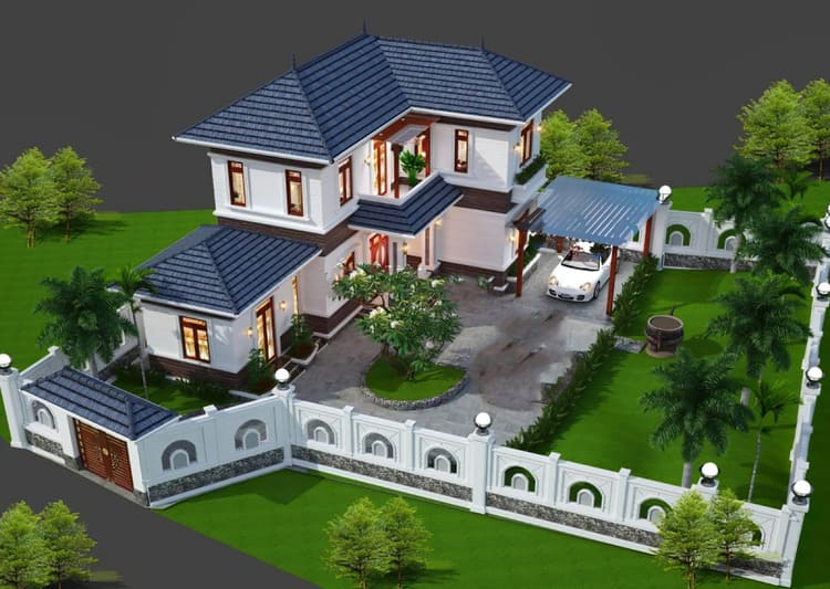 Mẫu nhà chữ L 2 tầng mái tôn sang trọng, có sân vườn rộng