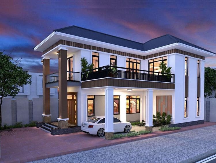Mẫu nhà chữ L 2 tầng diện tích 100m² tận dụng khoảng trống làm ban công và chỗ đỗ ô tô