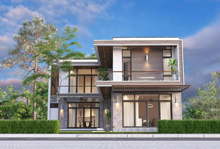 Mẫu nhà chữ L 2 tầng đẹp, phong cách hiện đại