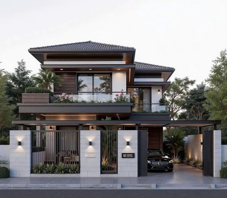 Mẫu nhà chữ L 2 tầng hiện đại kết hợp cây xanh đẹp, gần gũi với thiên nhiên
