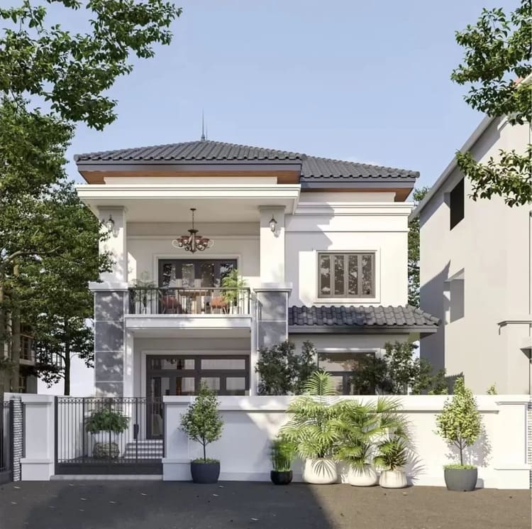 Mẫu nhà chữ L 2 tầng tông trắng tinh tế, phong cách tối giản