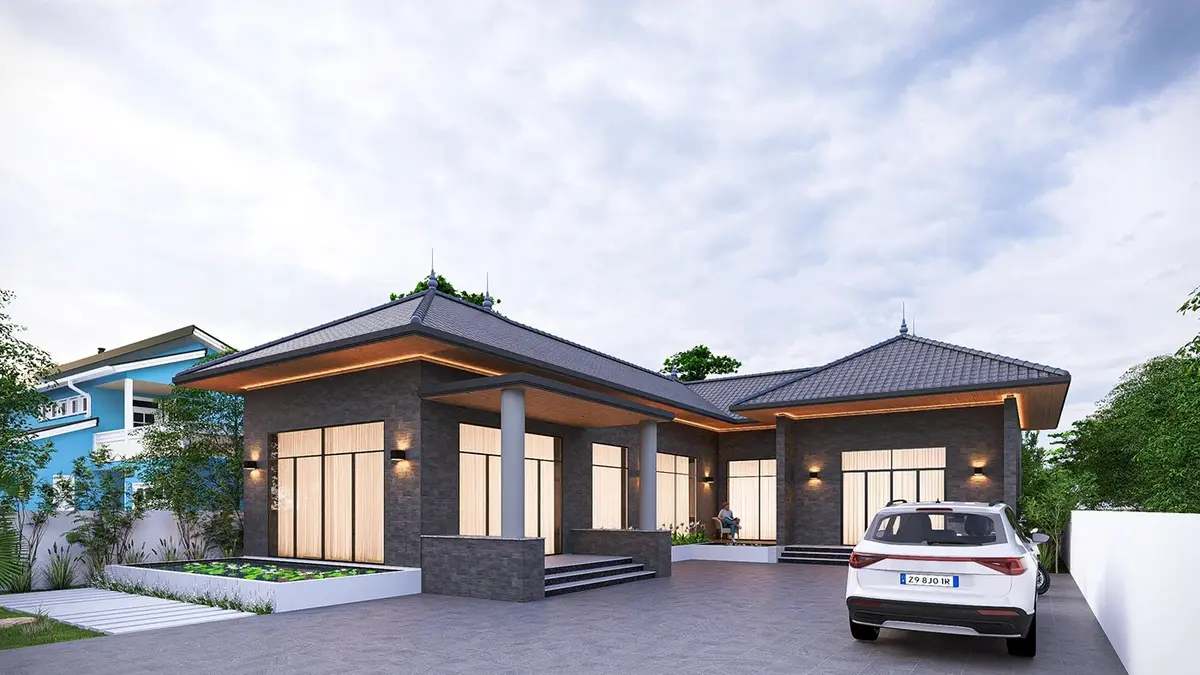 Tham khảo mẫu nhà cấp 4 chữ L 3 phòng ngủ mái Nhật