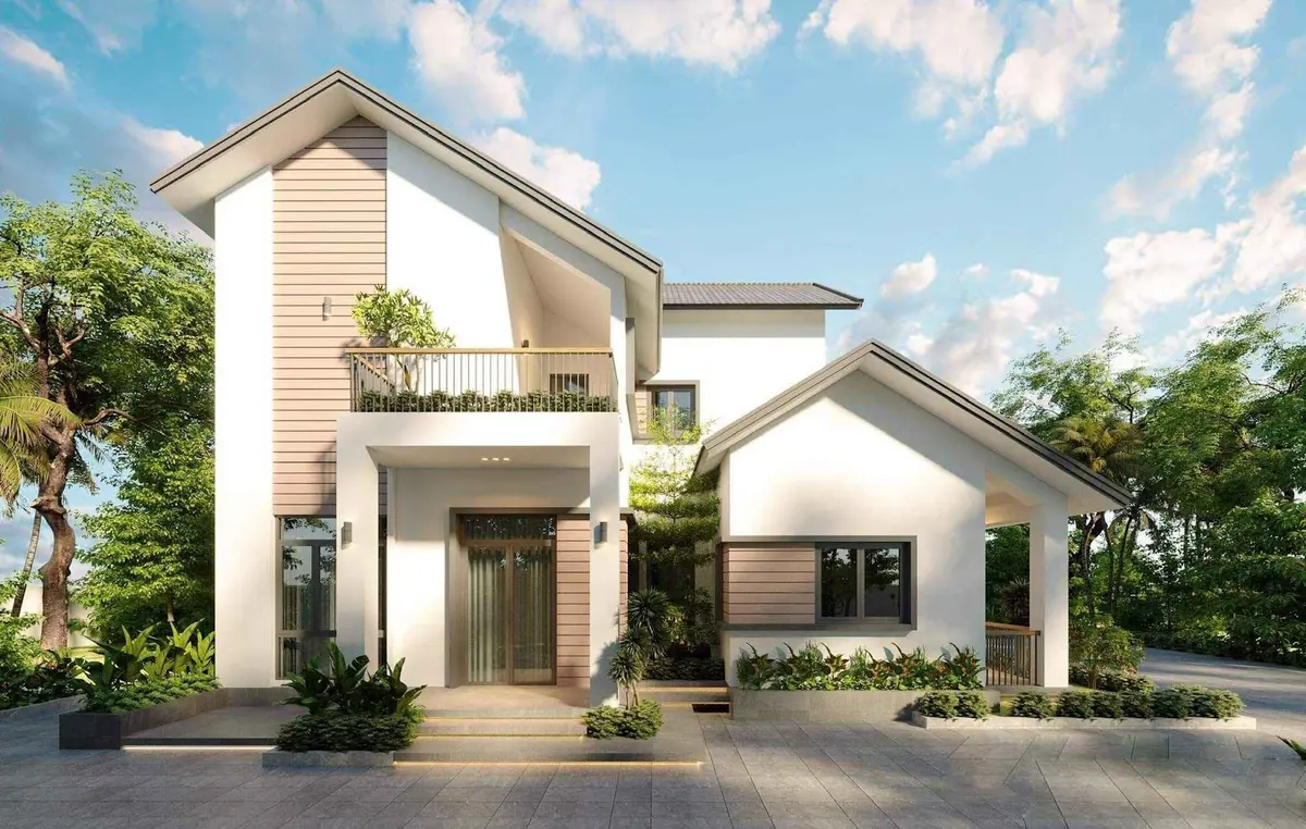 Mẫu nhà mái Thái 2 tầng với ban công rộng có mái che che nắng mưa tiện lợi (Nguồn ảnh: Internet)