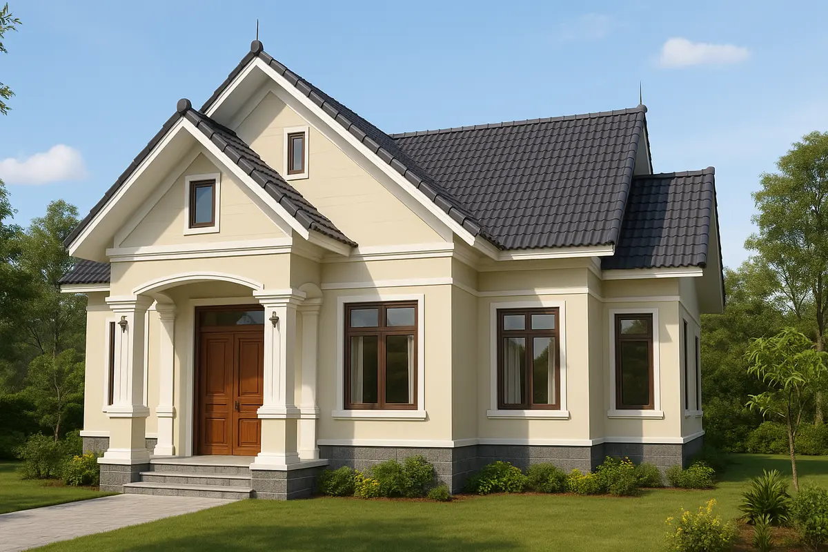 Nhà cấp 4 mái Thái 3 phòng ngủ có gác lửng với thiết kế hiện đại.