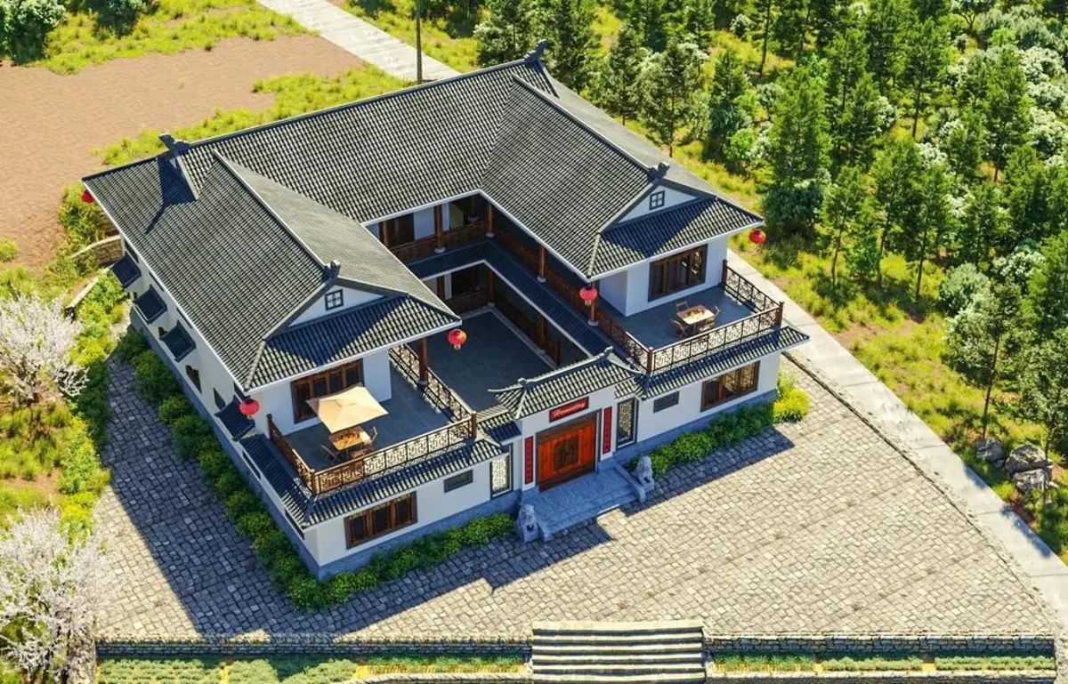 Mẫu nhà 2 tầng mái Thái chữ U theo phong cách truyền thống