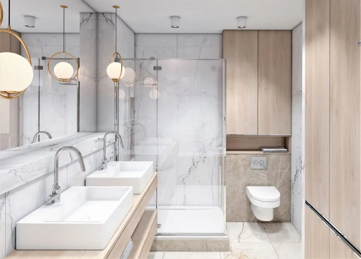 Ánh sáng, màu sắc và vật liệu phù hợp giúp phòng vệ sinh nhỏ trông rộng rãi, hiện đại và sang trọng.