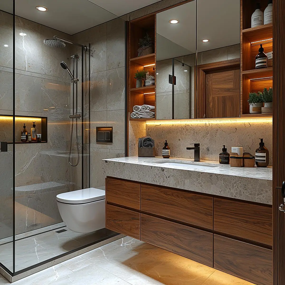 Giải pháp lưu trữ âm tường vừa thẩm mỹ, vừa tăng công năng tối ưu cho phòng tắm.