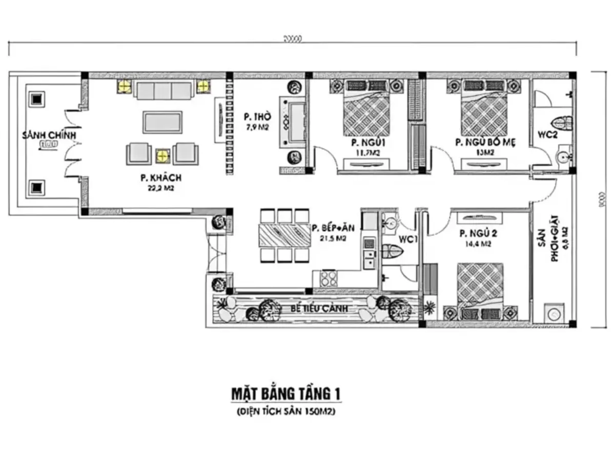 Góc chữ L không chỉ giúp phân tách rõ ràng các khu vực sinh hoạt chung và riêng tư mà còn có thể được tận dụng cho sân vườn hoặc gara