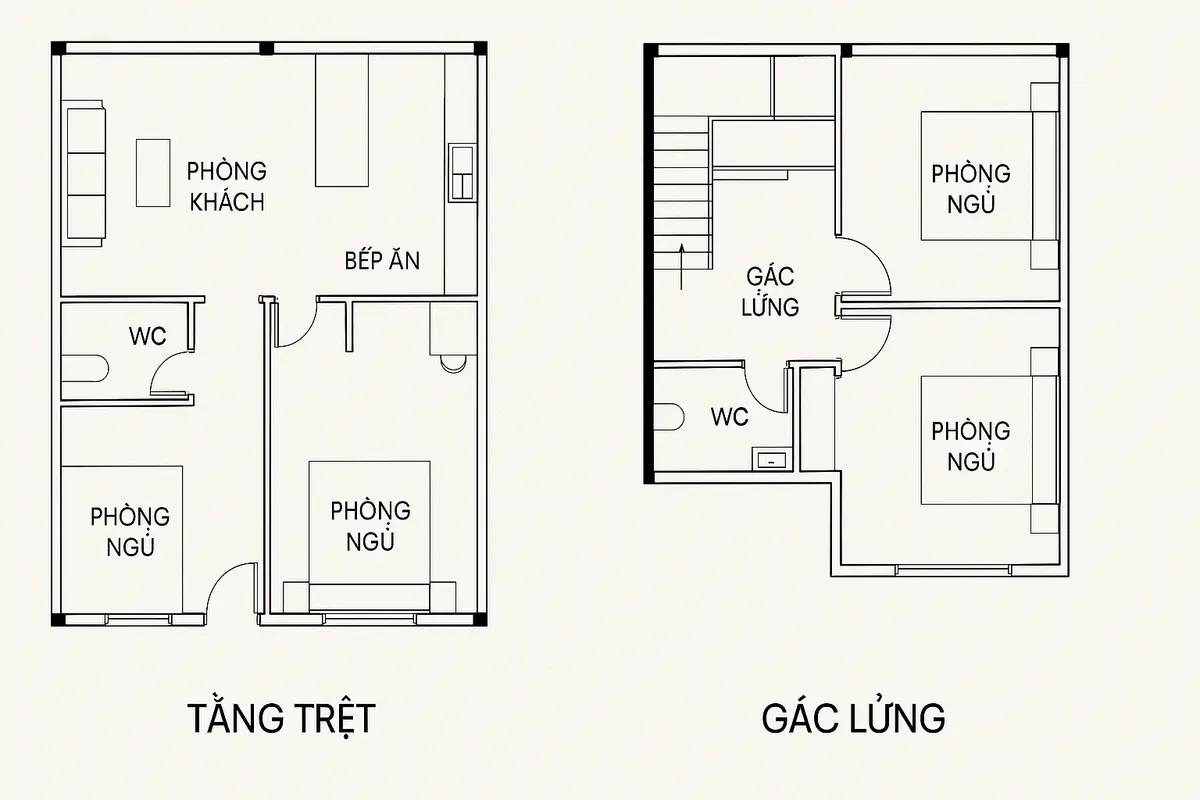 Mặt bằng công năng điểm hình của nhà cấp 4 gác lửng 3 phòng ngủ phổ biến.