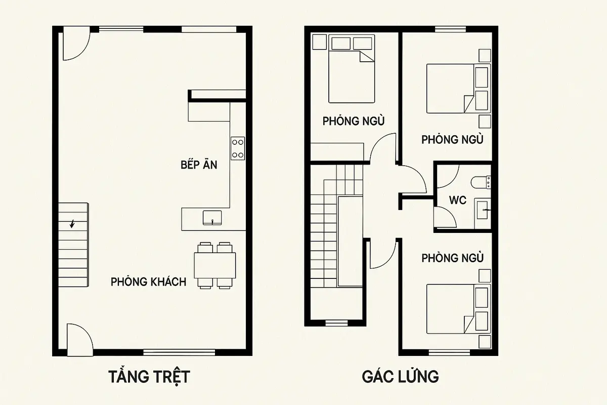 Mặt bằng công năng điểm hình của nhà cấp 4 gác lửng 3 phòng ngủ phương án tách biệt không gian.