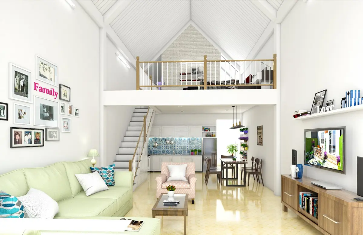 Mẫu nhà cấp 4 gác lửng 3 phòng ngủ giúp tối ưu diện tích mà vẫn tạo cảm giác thoáng nhờ cửa kính và giếng trời.