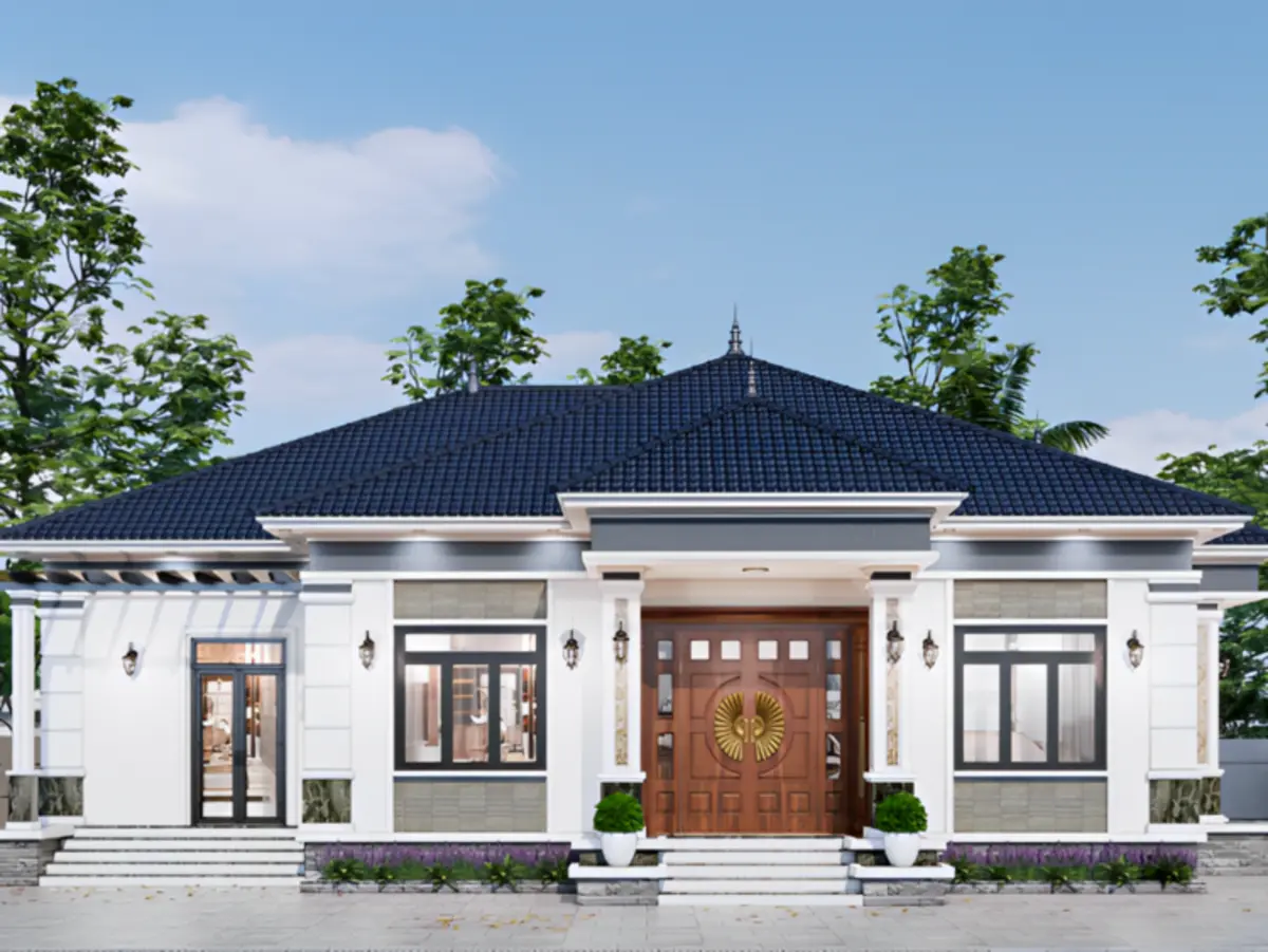 Mẫu nhà cấp 4 mái Nhật 4 phòng ngủ tân cổ điển nổi bật với mái ngói màu trầm sang trọng