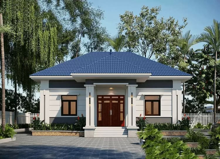 Mẫu nhà cấp 4 mái Nhật 4 phòng ngủ có sân vườn bố trí cây xanh tươi mát