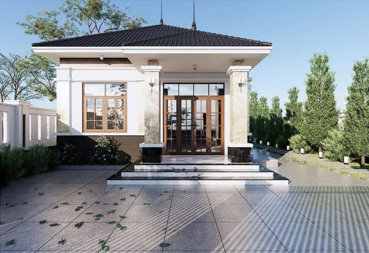 Thiết kế nhà cấp 4 mái Nhật 4 phòng ngủ có sân vườn kết hợp tiểu cảnh trang trí
