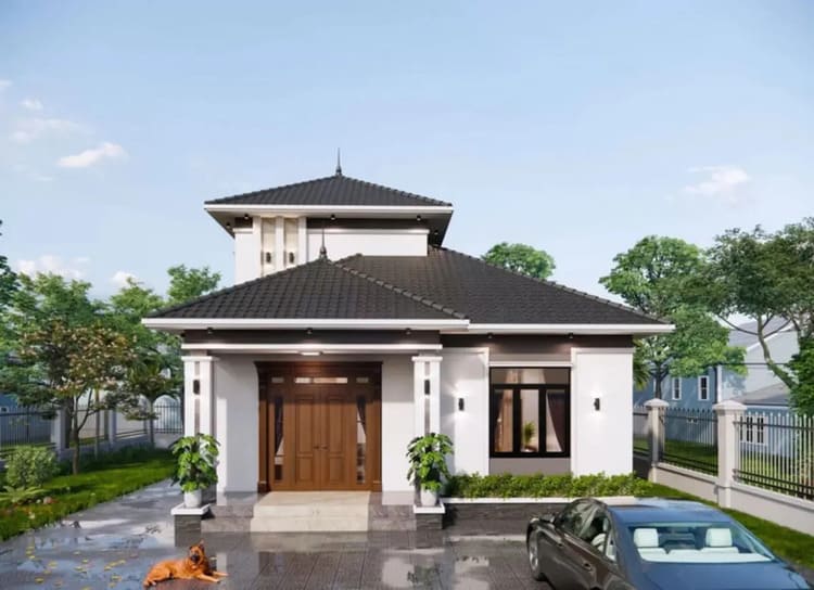 Mẫu nhà cấp 4 mái Nhật 4 phòng ngủ có gác lửng thông thoáng