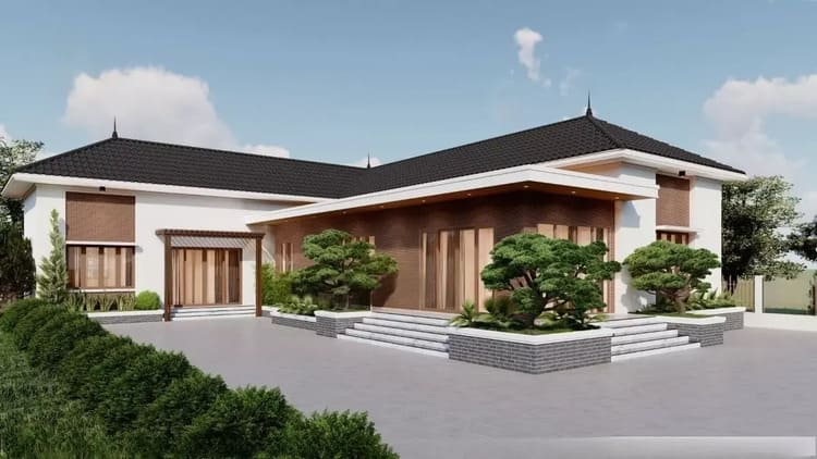 Mẫu nhà 1 tầng 4 phòng ngủ mái Nhật 150m2 chữ L rộng rãi